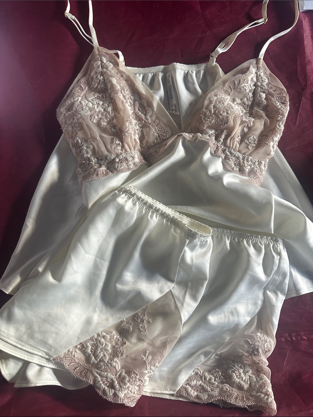 Flora Nikrooz Cream Satin Pajama Set with Blush Lace